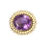 A gold amethyst and split pearl cluster brooch,