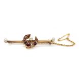 A gold ruby, diamond, paste and pearl crescent bar brooch,