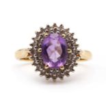 A gold amethyst and diamond cluster ring,