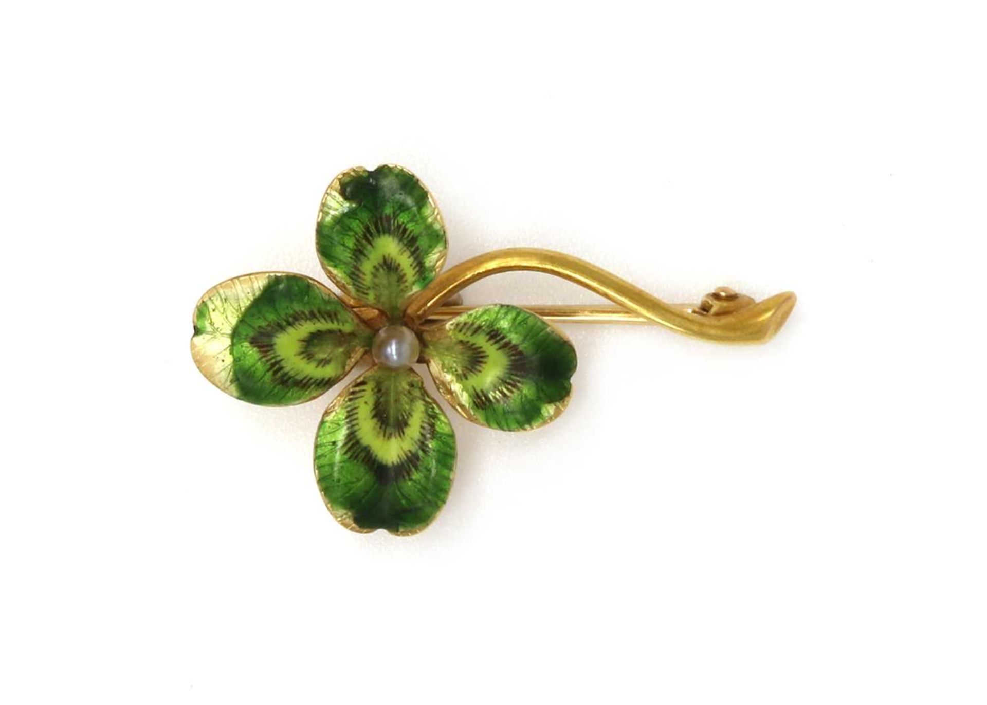 A gold pearl and enamel clover brooch,