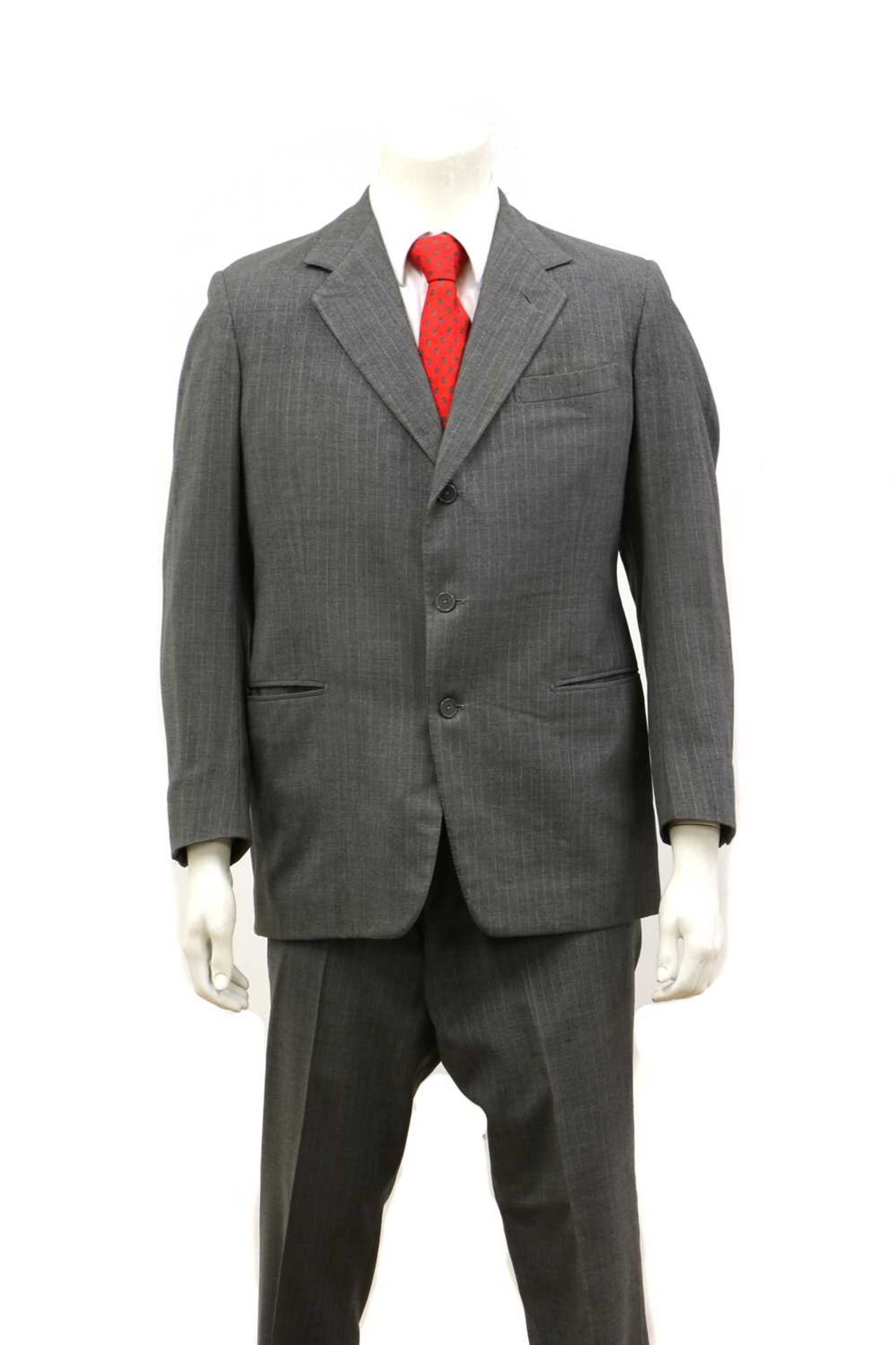 A Stovel & Mason dark grey double-breasted pinstripe suit,