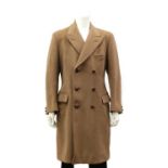 A light brown double-breasted overcoat,