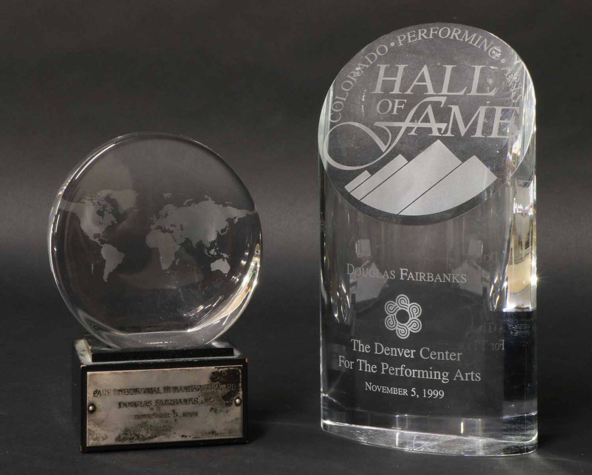 An 'Hall of Fame' glass trophy, November 5, 1999 to Douglas Fairbanks Jr,