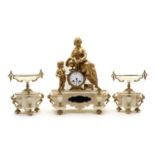 A French gilt metal and alabaster clock set,