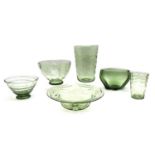 Six Whitefriars sea green vases and bowls,