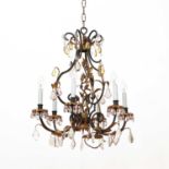 A wrought-iron, parcel-gilt and cut-glass six-light electrolier,