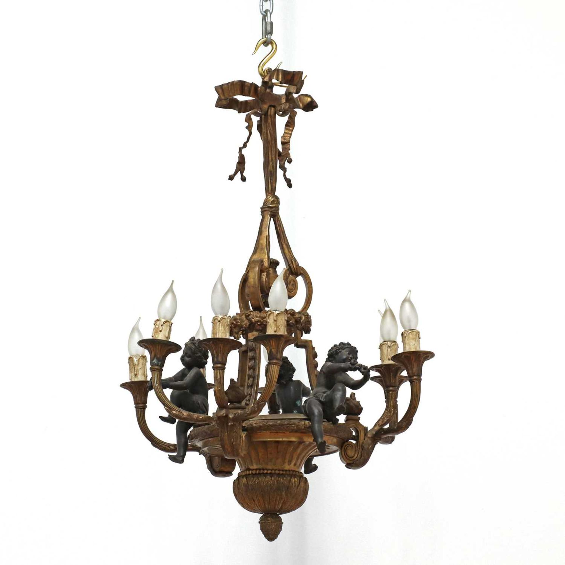 A gilt and ebonised bronze colza ceiling lamp,