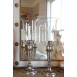 A pair of George III old Sheffield plate storm candlesticks,