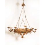 A wrought iron chandelier,