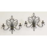 A pair of painted wrought iron twin-branch wall sconces,