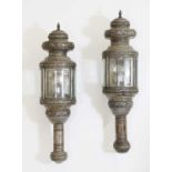 A large pair of silvered brass carriage lanterns,