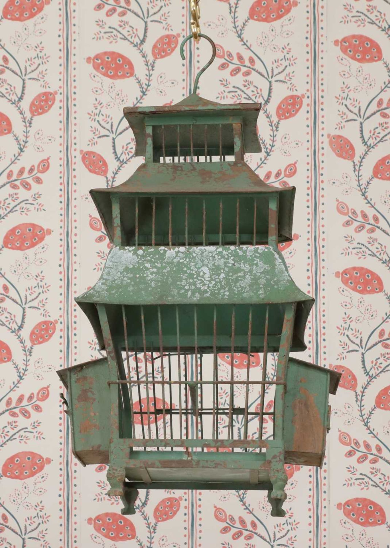 A painted toleware birdcage,