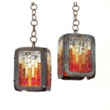 A pair of heavy iron and stained glass hall lanterns,
