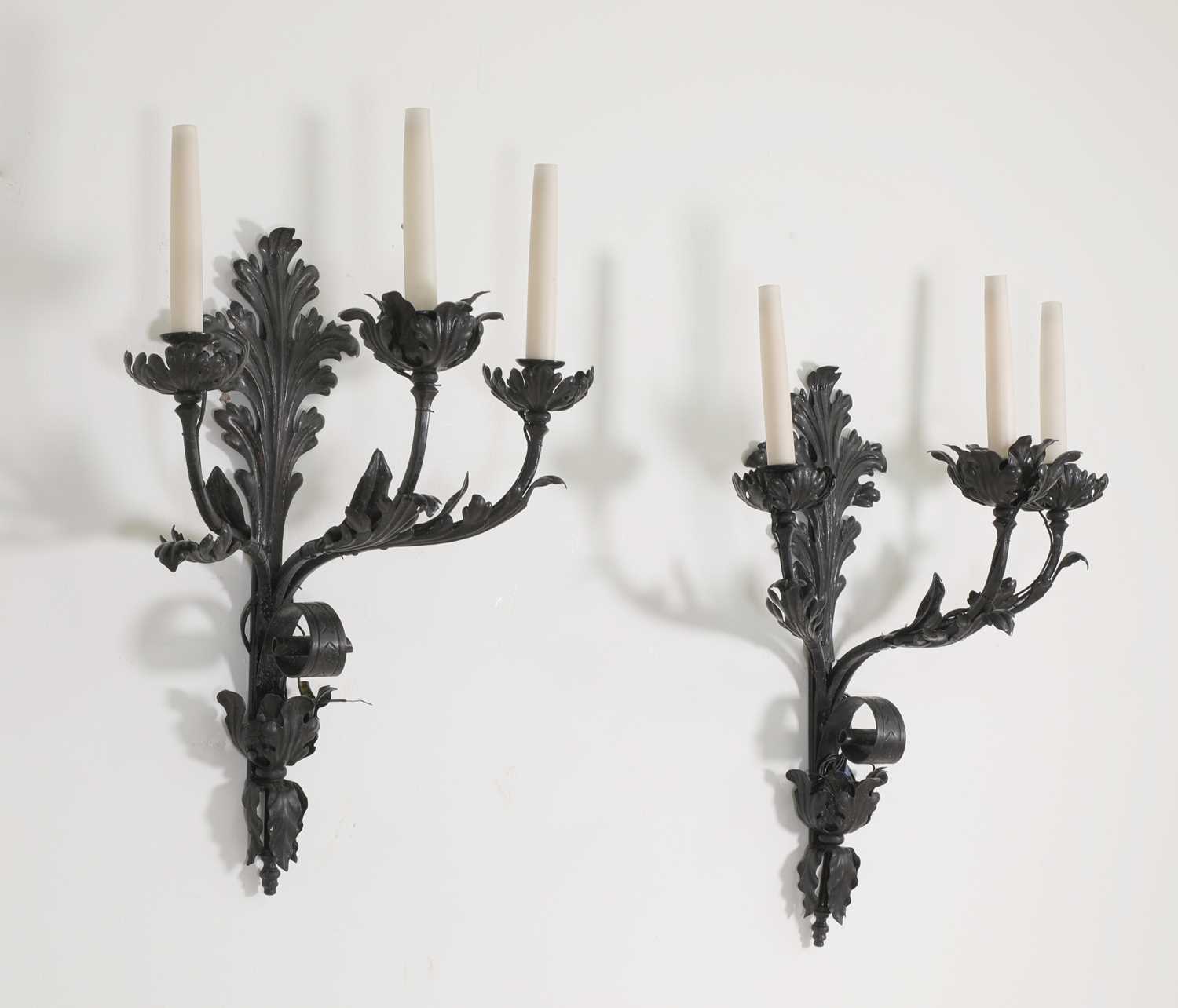 A pair of wrought iron three-branch wall lights, - Image 2 of 2