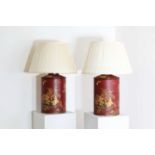 A pair of red toleware tea canister table lamps