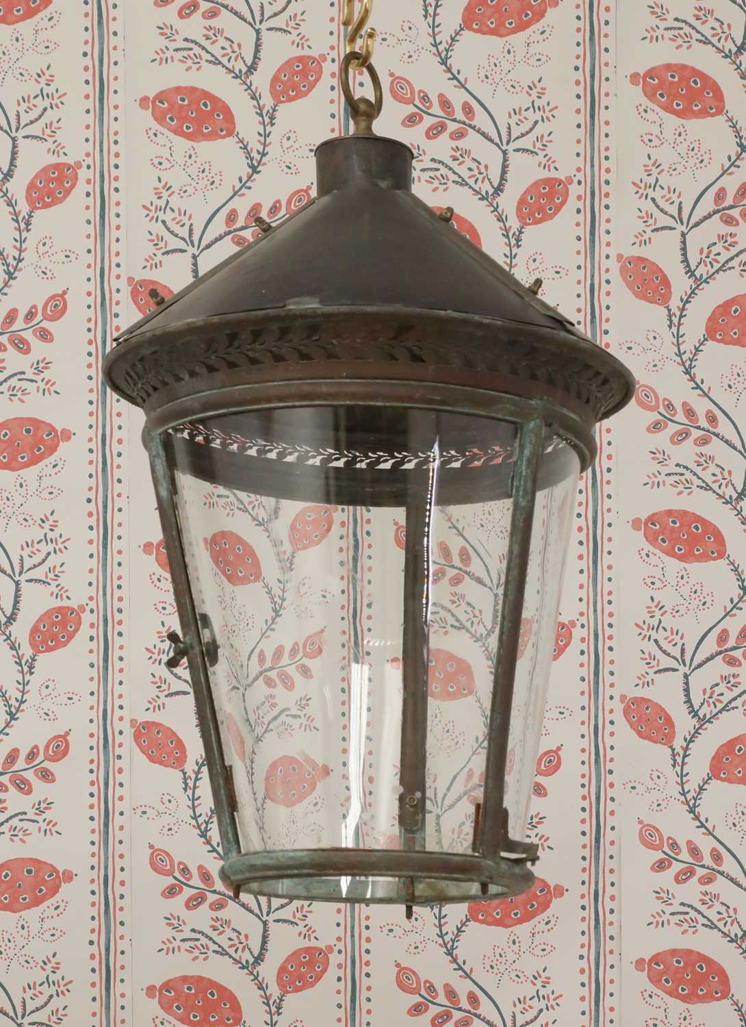 A bronze hanging gas lantern,
