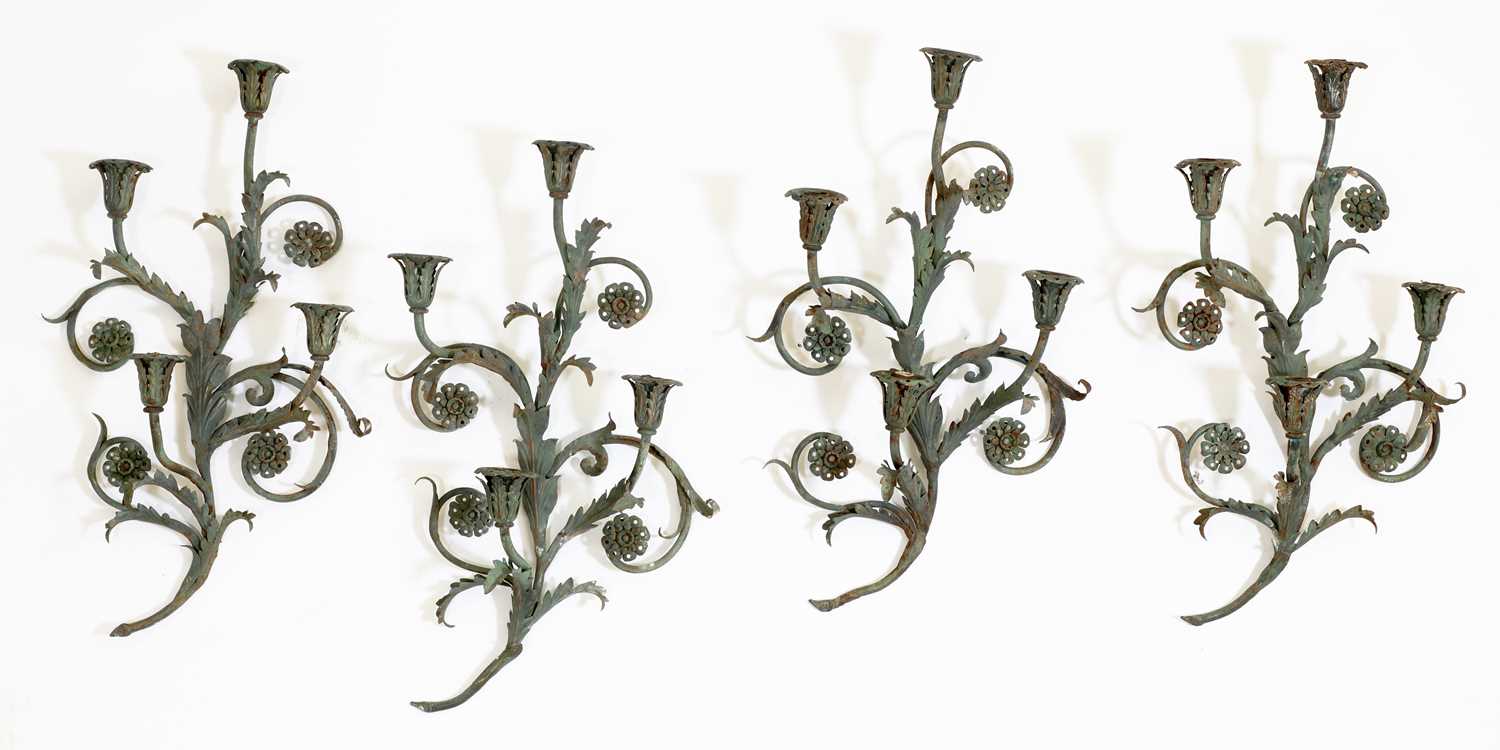 A set of four green-painted wrought iron wall lights, - Image 2 of 2