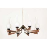 A brass and wooden chandelier,