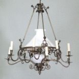 A Napoleon III, silvered bronze, oil and candle chandelier,