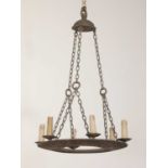 An Edwardian six-light bronze electrolier,