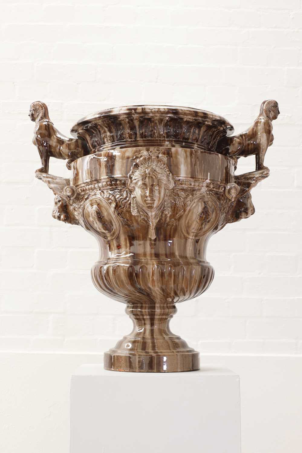 A massive flambé-glazed faience urn,
