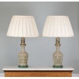 A pair of cappuccino-coloured opaline glass moderator table lamps,