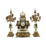 A gilt-metal and marble clock garniture