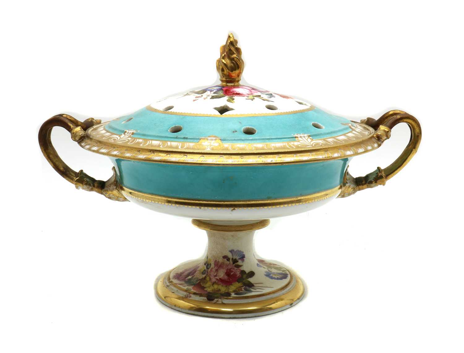 A Coalport style twin handled pedestal potpourri urn,