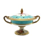 A Coalport style twin handled pedestal potpourri urn,