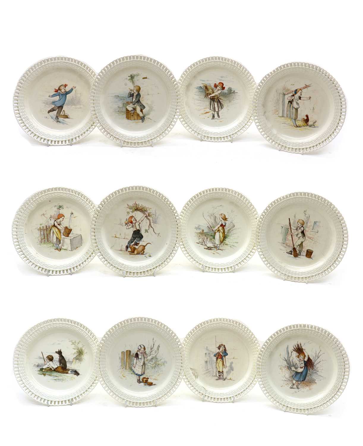 A cased set of twelve Minton creamware nursery plates,