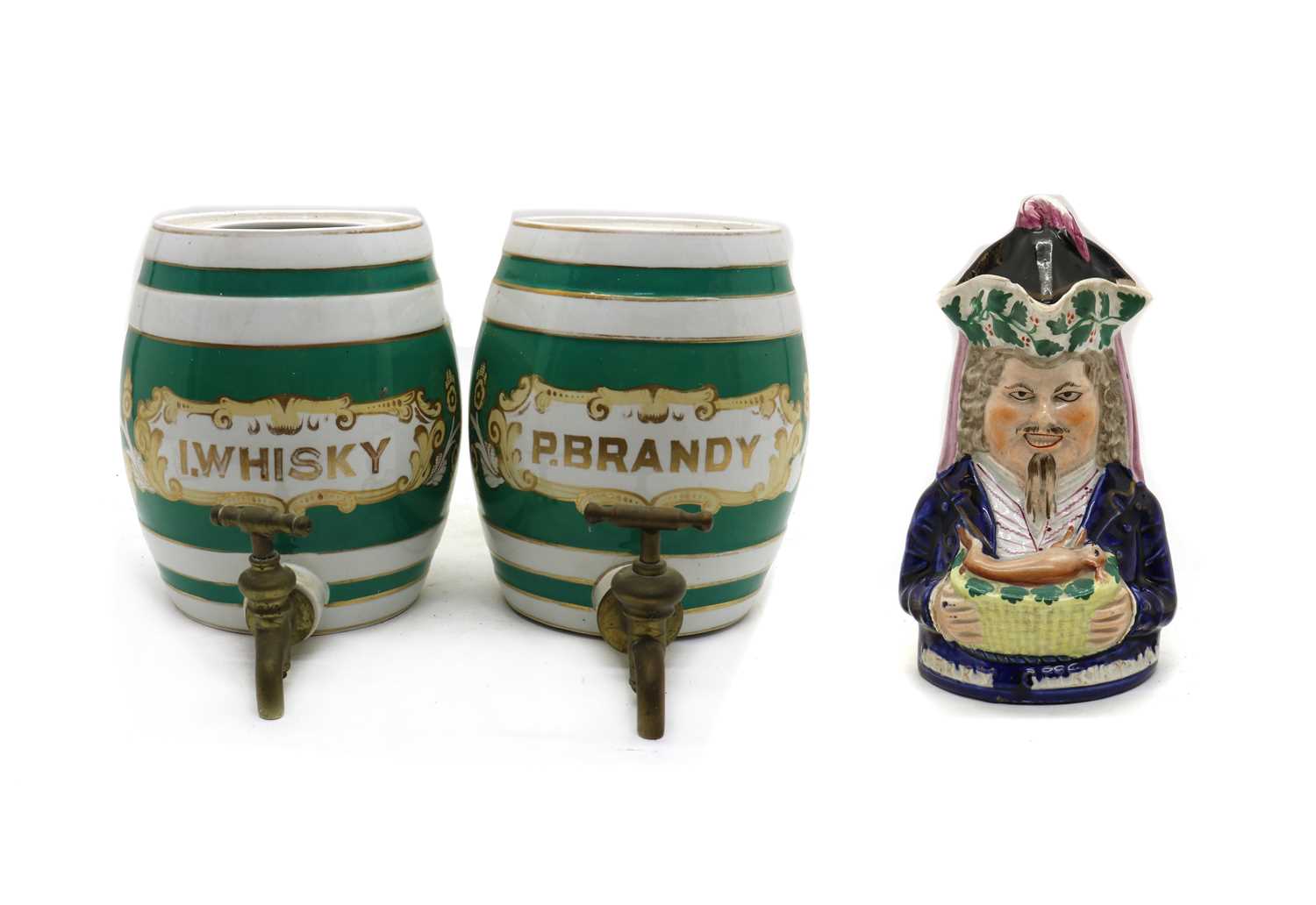 A pair of Staffordshire 'Whiskey' and 'Brandy' barrels,