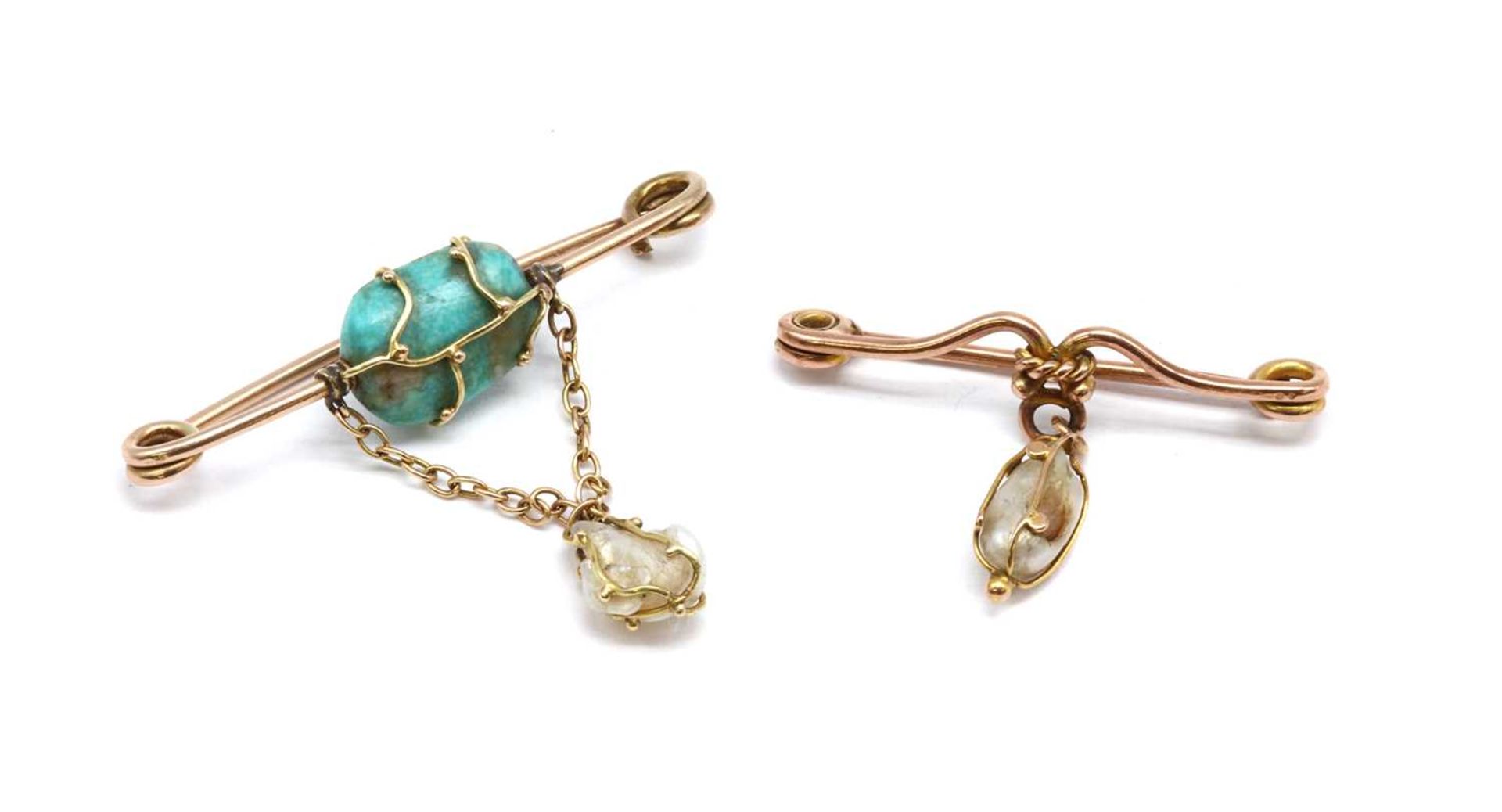 An Art Nouveau gold turquoise and baroque pearl bar brooch,