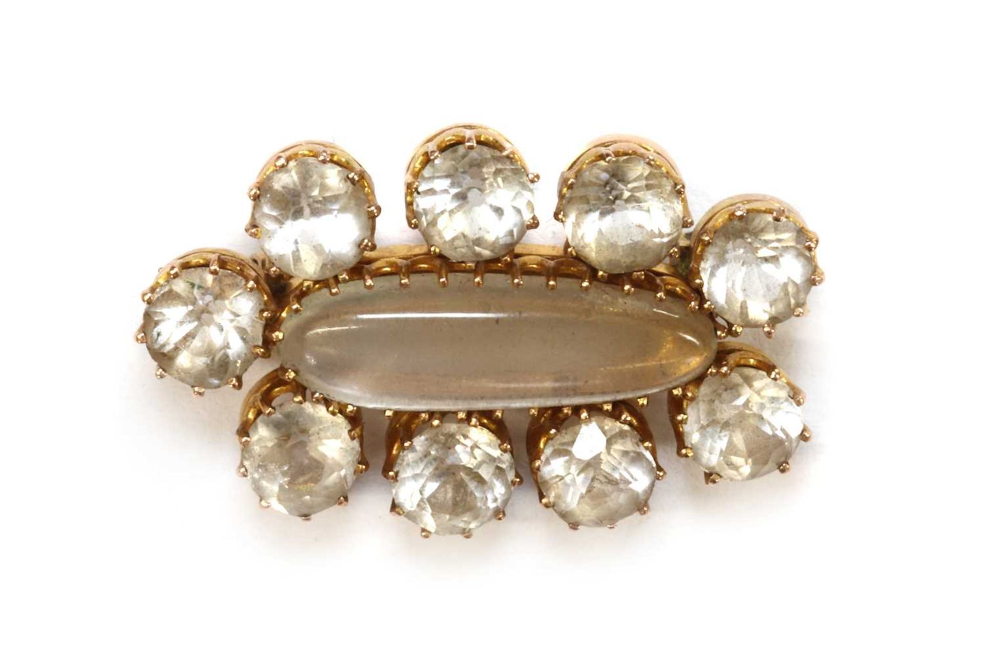 A late 19th century gold moonstone and rock crystal quartz cluster brooch,