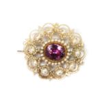 A regency foiled amethyst, seed pearl and mother-of-pearl cluster brooch,