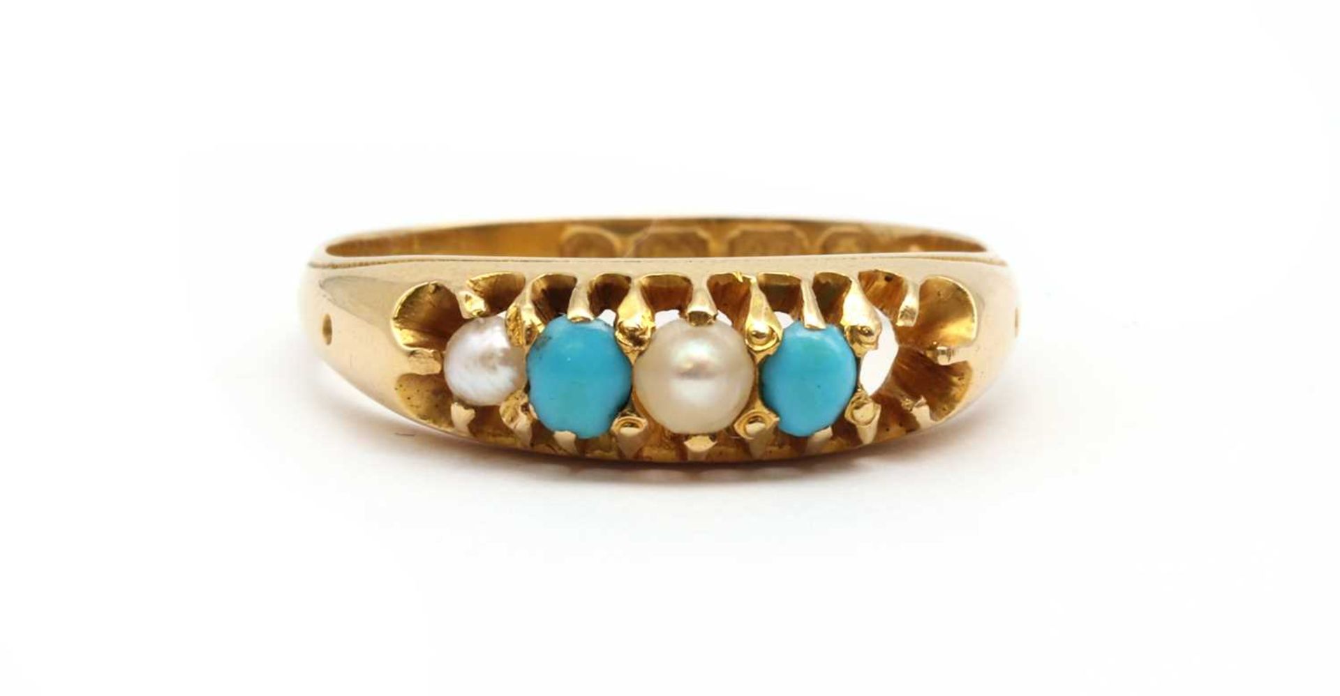 A Victorian 18ct gold split pearl and turquoise ring,