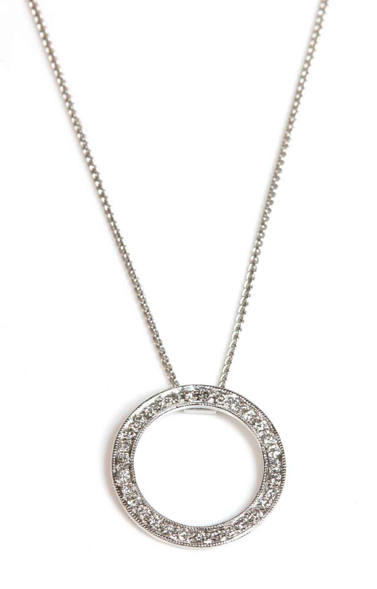 A 9ct white gold diamond set hoop pendant,