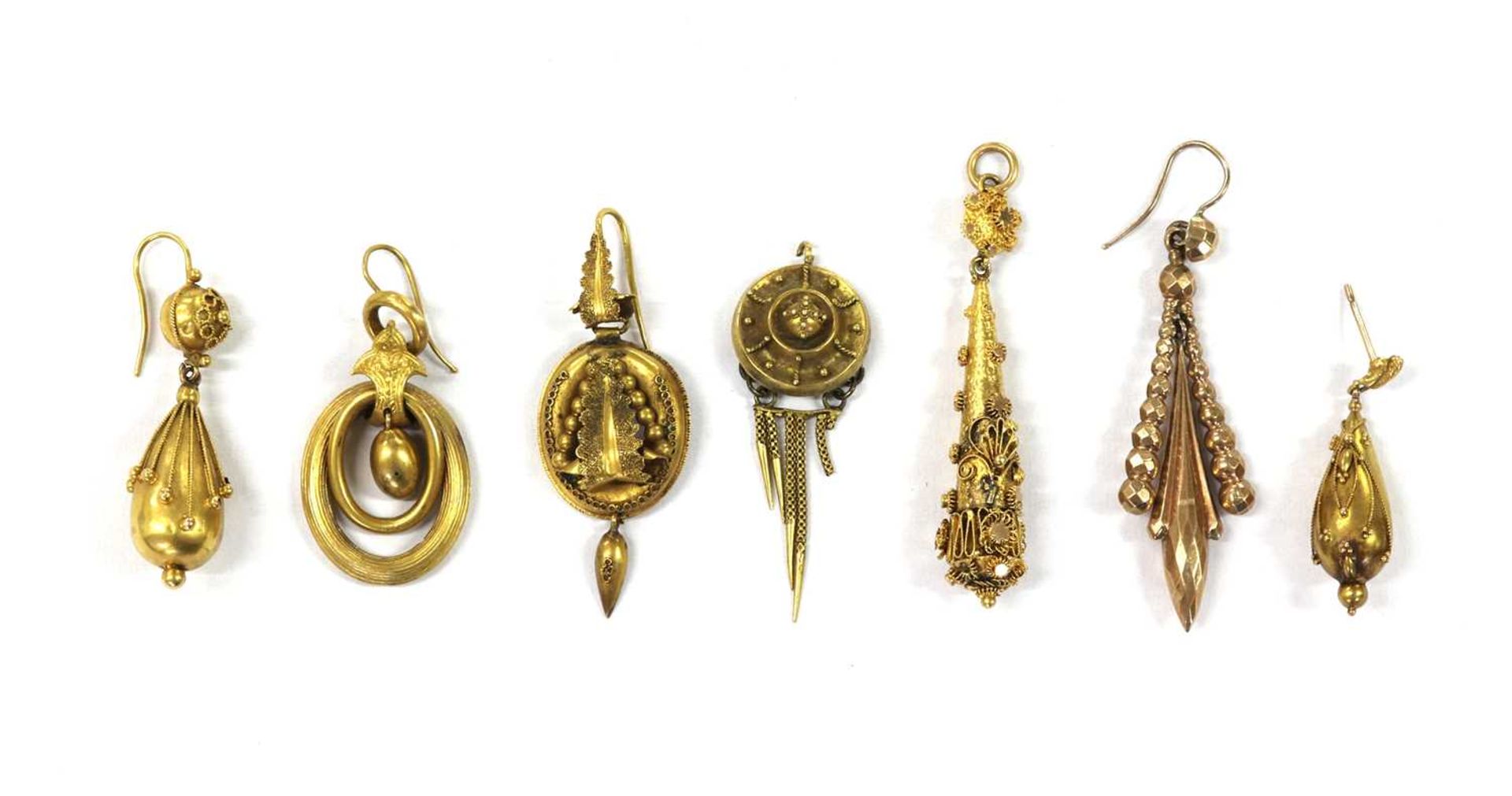 A collection of Victorian gold single earrings and components,