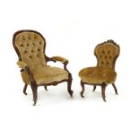 A mid-Victorian button upholstered open armchair and a small chair (2)
