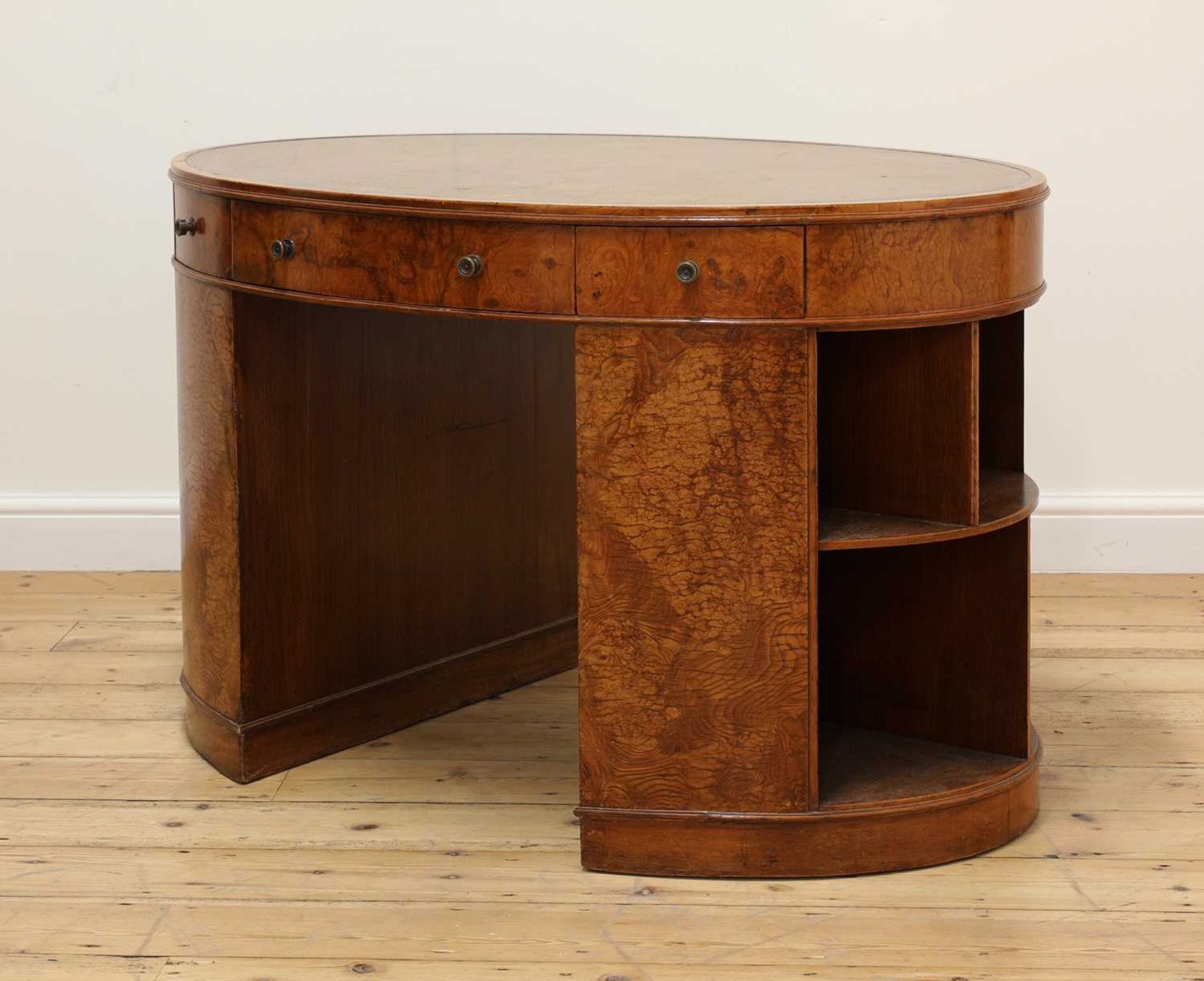 An Art Deco oval burr elm and walnut desk, - Image 2 of 5