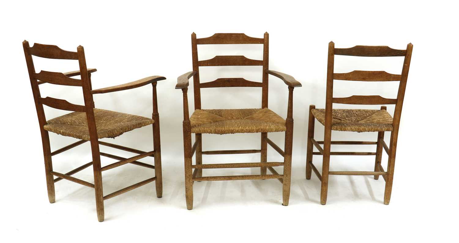 A matched set of eight Arts and Crafts 'Gimson' oak and ash ladder back chairs, - Image 3 of 9