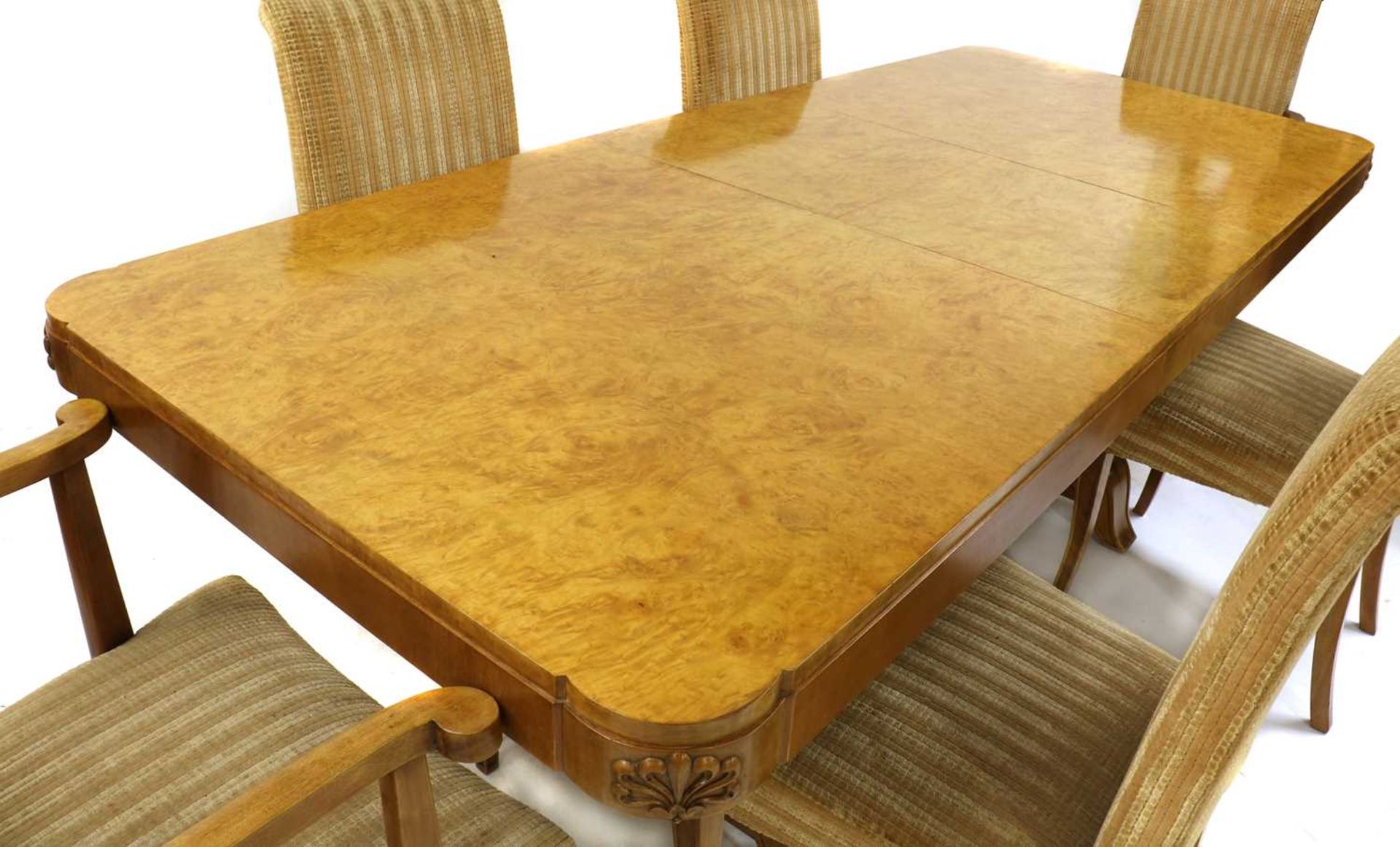 An Art Deco burr maple dining table and six chairs, - Image 2 of 5