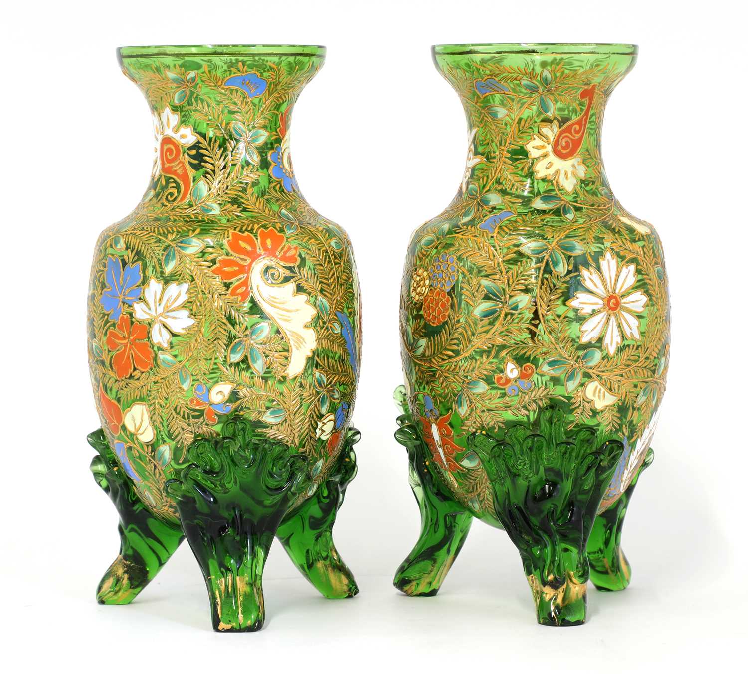 A pair of glass and enamelled vases,