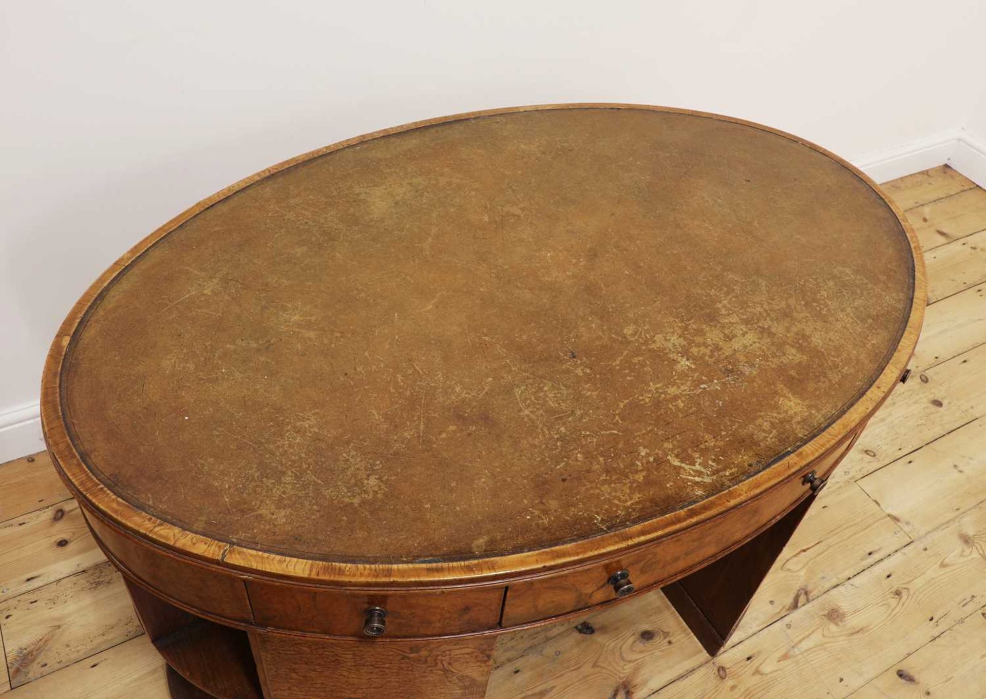 An Art Deco oval burr elm and walnut desk, - Image 5 of 5