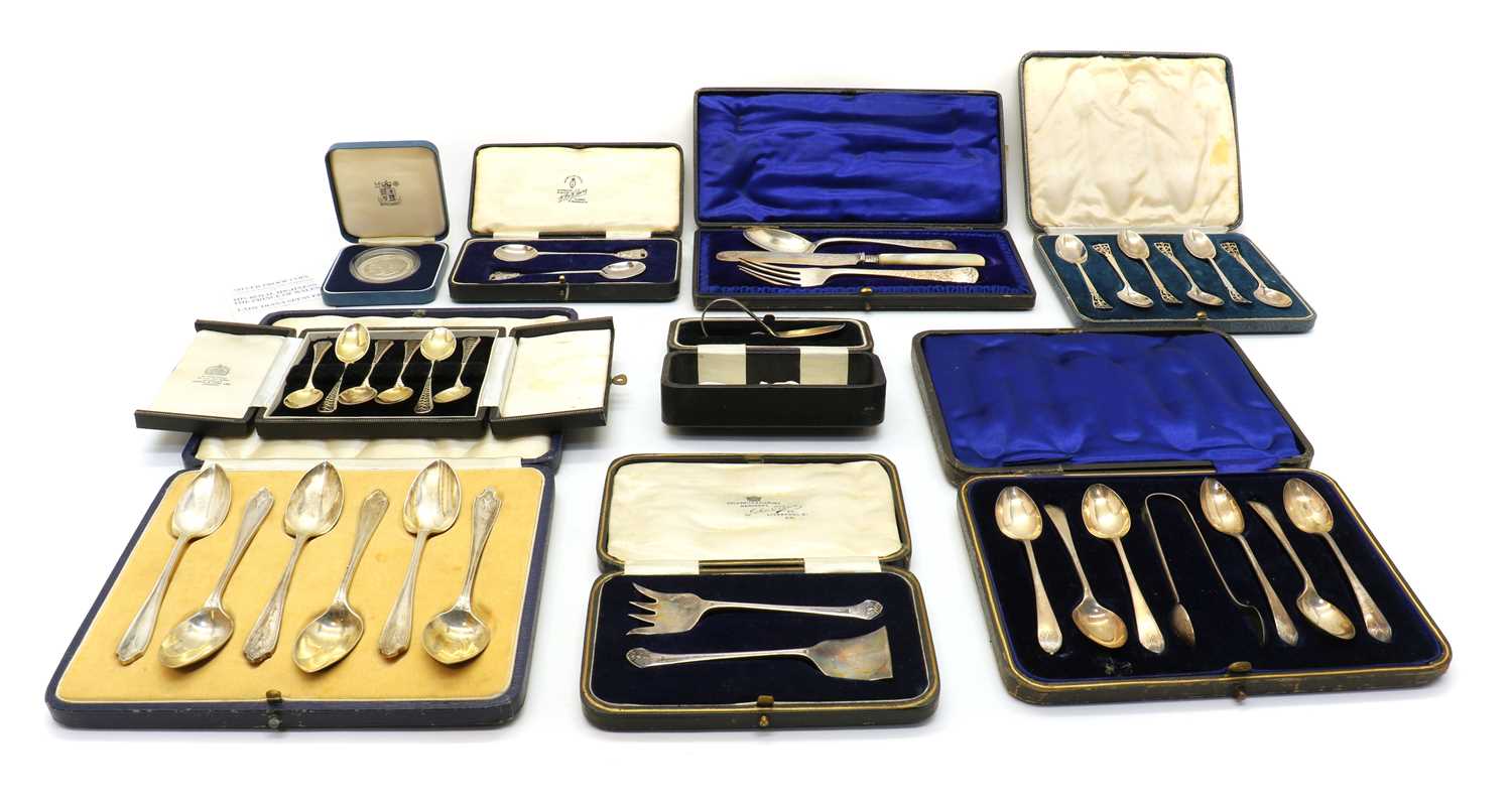 A collection of cased silver flatware