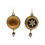 A pair of Victorian gold enamel and diamond drop earrings,