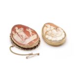 Two gold mounted shell cameo brooches,