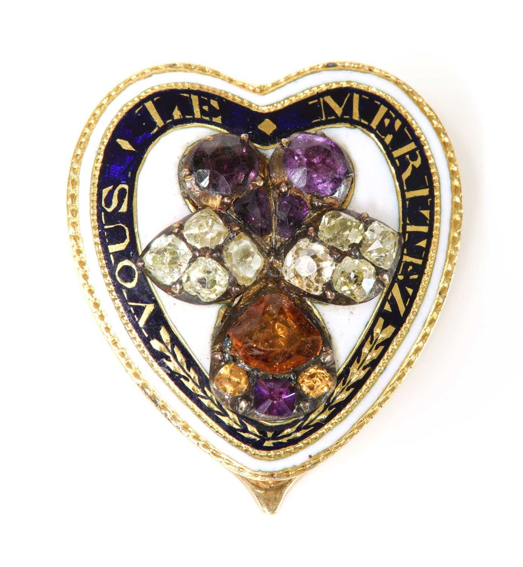 A late Georgian amethyst, citrine, diamond and enamel, heart shaped clip brooch,