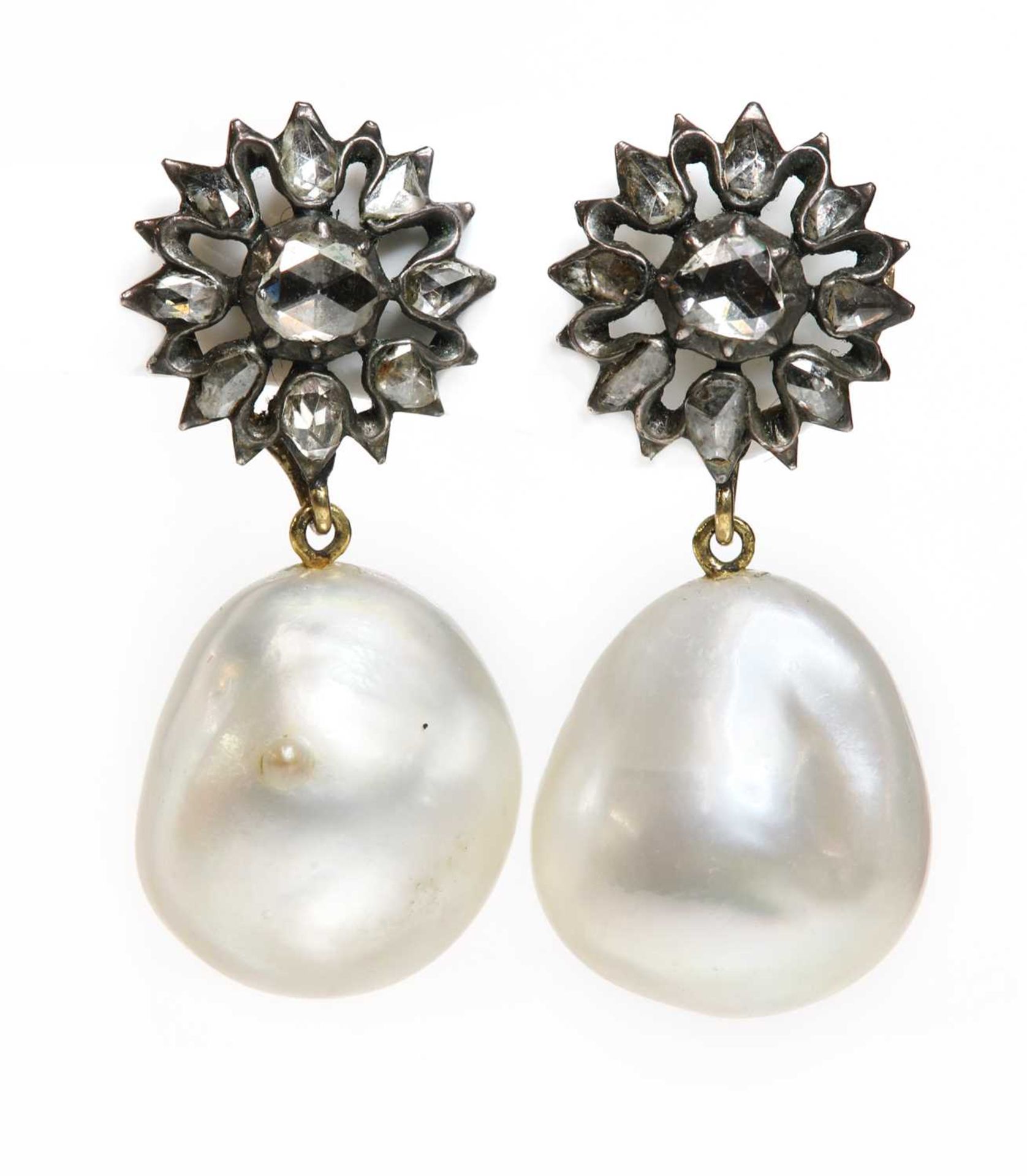 A pair of diamond and cultured South Sea baroque pearl drop earrings,