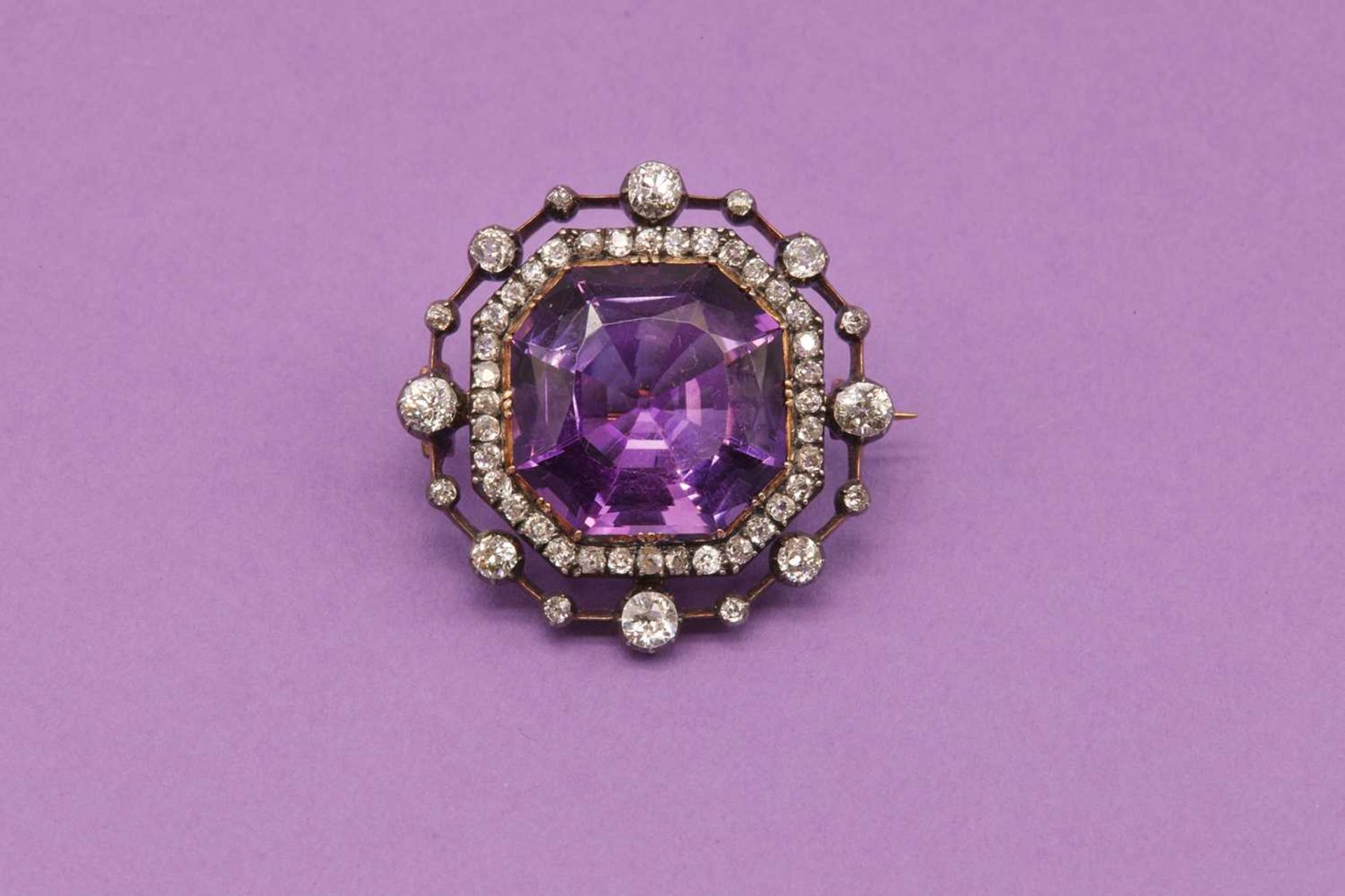 A late Victorian amethyst and diamond brooch, c.1890, - Image 5 of 5