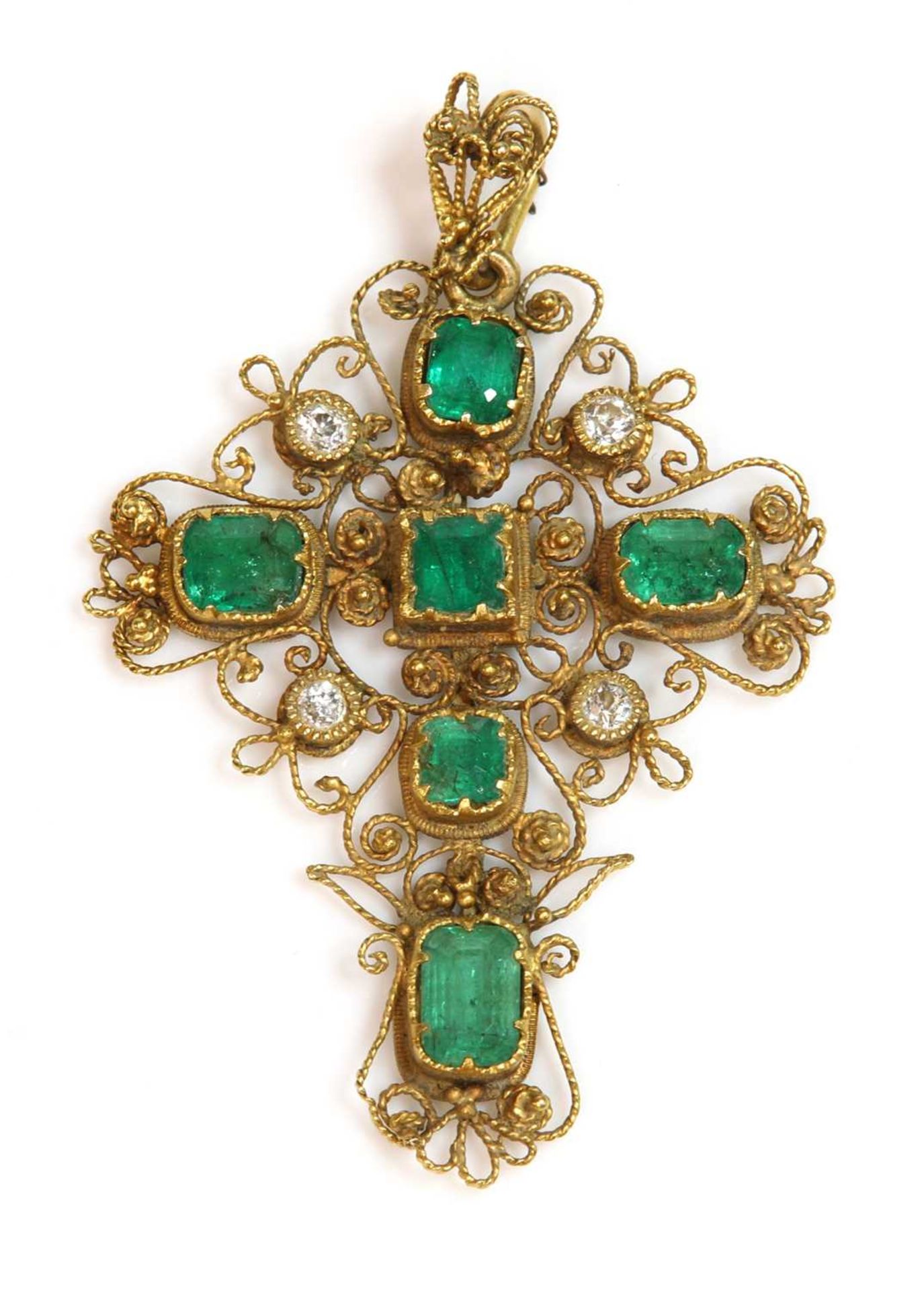 A Regency emerald and diamond cannetille gold cross,
